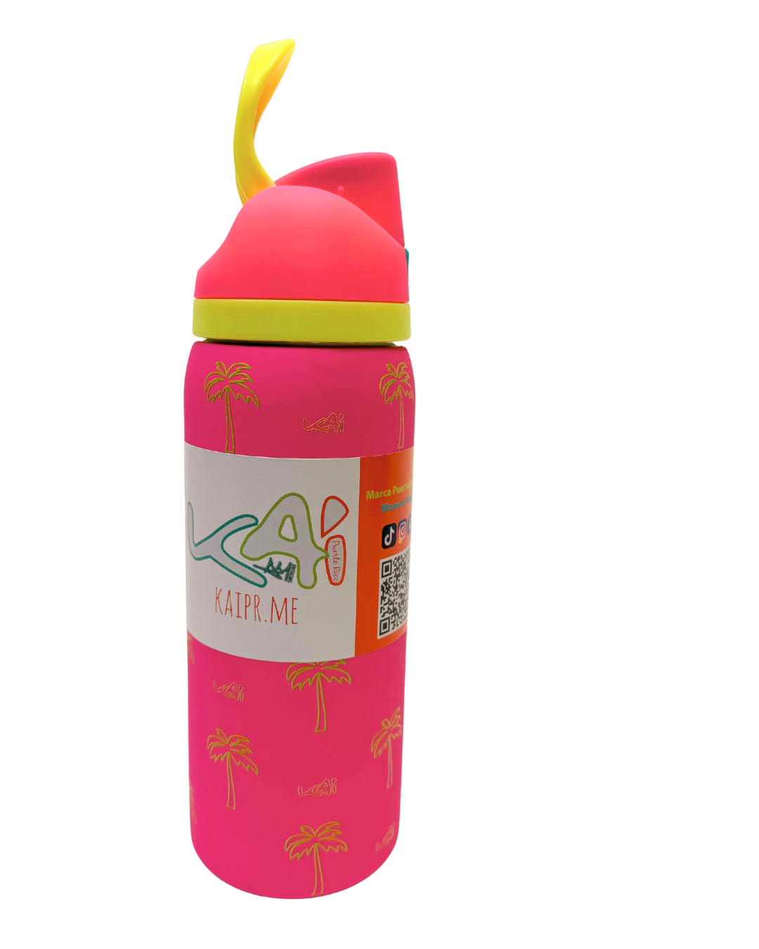 Kai PR neon pink 32oz insulated bottle with palm tree print